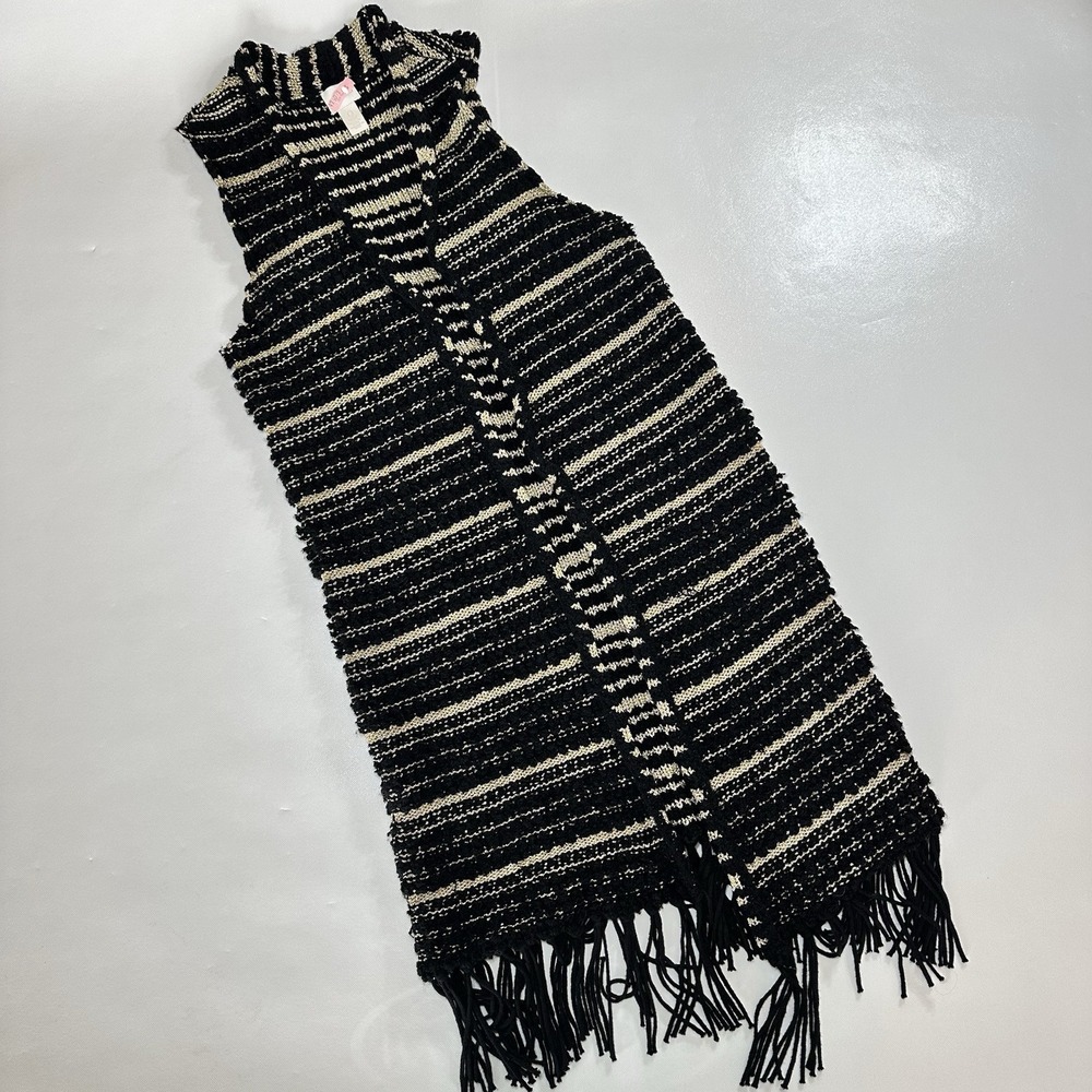 Chico's Size 0 Black Gold Striped Sleeveless Knit Poncho Sweater Fringe Shimmer